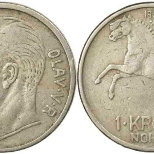 1970 Norway 1 Krone Coin Portrait Olav V Horse Facing Left Circulated Condition