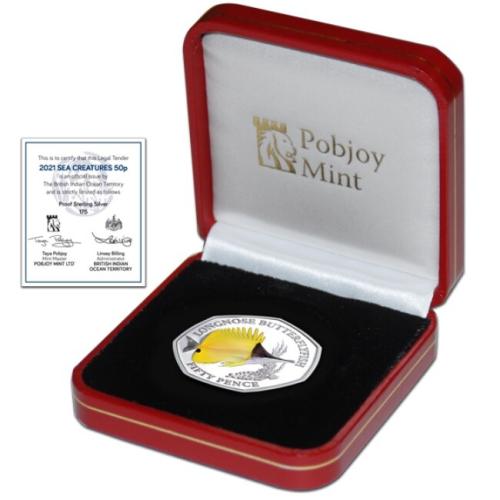 BIOT Sea Creatures 2021 Longnose Butterflyfish 50p Coloured Silver Proof