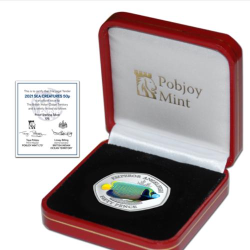 BIOT Sea Creatures 2021 Emperor Angelfish 50p Coloured Silver Proof