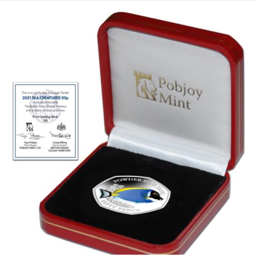 BIOT Sea Creatures 2021 Powder Blue Tang 50p Coloured Silver Proof