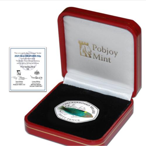 BIOT Sea Creatures 2021 Checkerboard Wrasse 50p Coloured Silver Proof