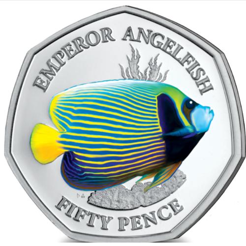 BIOT 2021 Emperor Angelfish 50p Coloured Cupro Nickel Diamond Finish Uncirculat