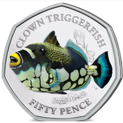 BIOT 2021 Clown Triggerfish 50p Coloured Cupro Nickel Diamond Finish Unc