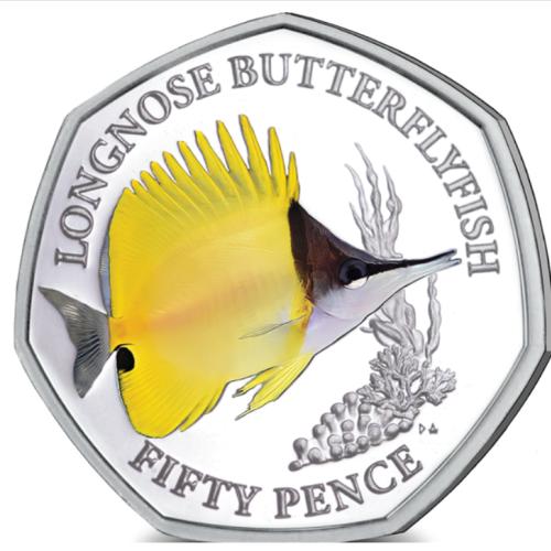 BIOT 2021 Longnose Butterflyfish 50p Coloured Cupro Nickel Diamond Finish Unc