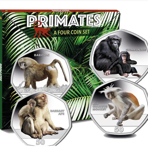 Gibraltar 2018 Primates Complete 50p Set With Album Coloured Cupro Nickel Diamon