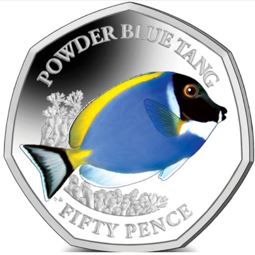 BIOT 2021 Powder Blue Tang 50p Coloured Cupro Nickel Diamond Finish Uncirculated