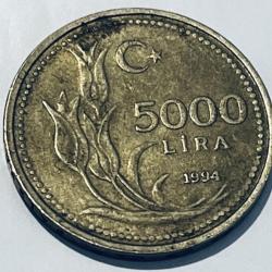 1997 Turkey 5000 Lira Turkish Coin Flower Sprigs Tulip Circulated Condition