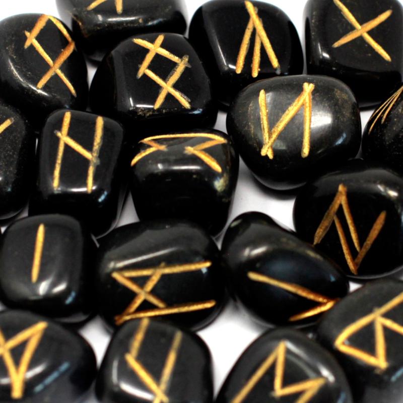 Rune Stones Set in Pouch-Black Agate (incl p&p)