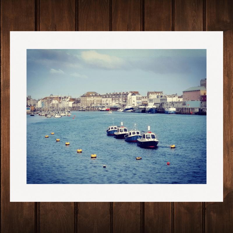 16x12 inch White Mounted Print of Boats at Sea Weymouth Dorset