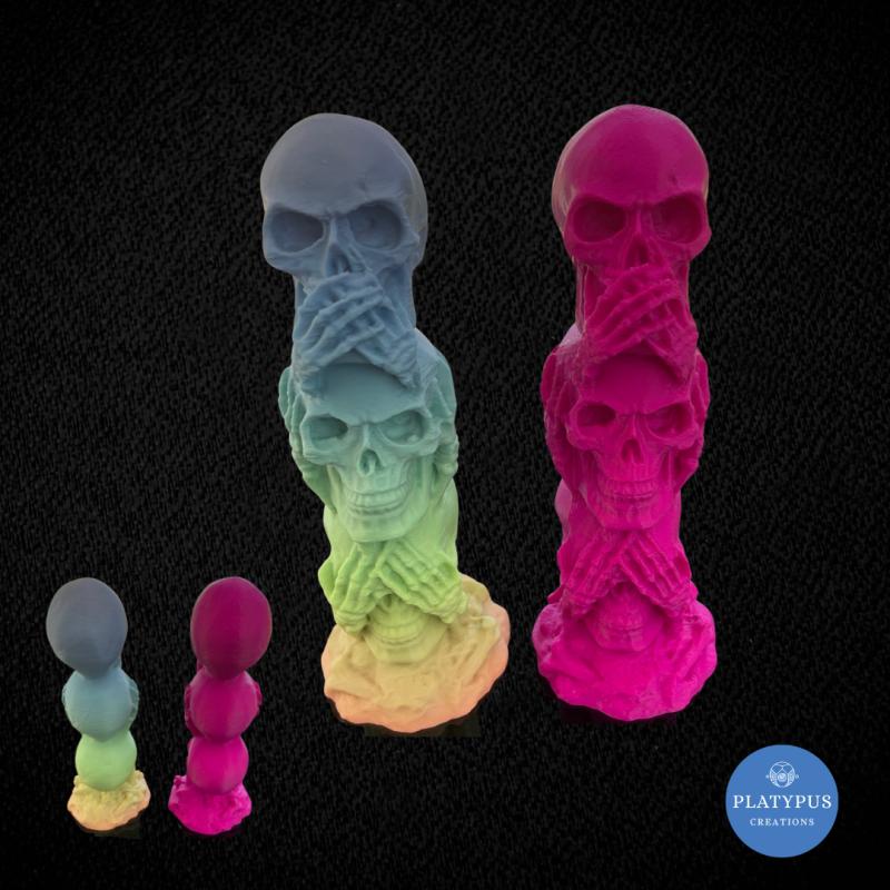 Large Purple Skull Tower: See No Evil, Hear No Evil, Speak No Evil.