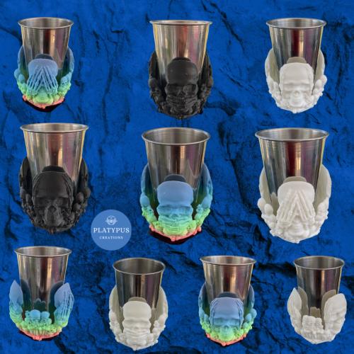 White Three Wise Skulls Tumbler/Glass Holder with Metal Tumbler